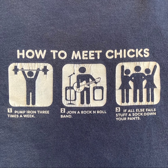 1999 How To Meet Chicks Funny Shirt Humor Comedy Navy Blue Medium - Picture 5 of 7
